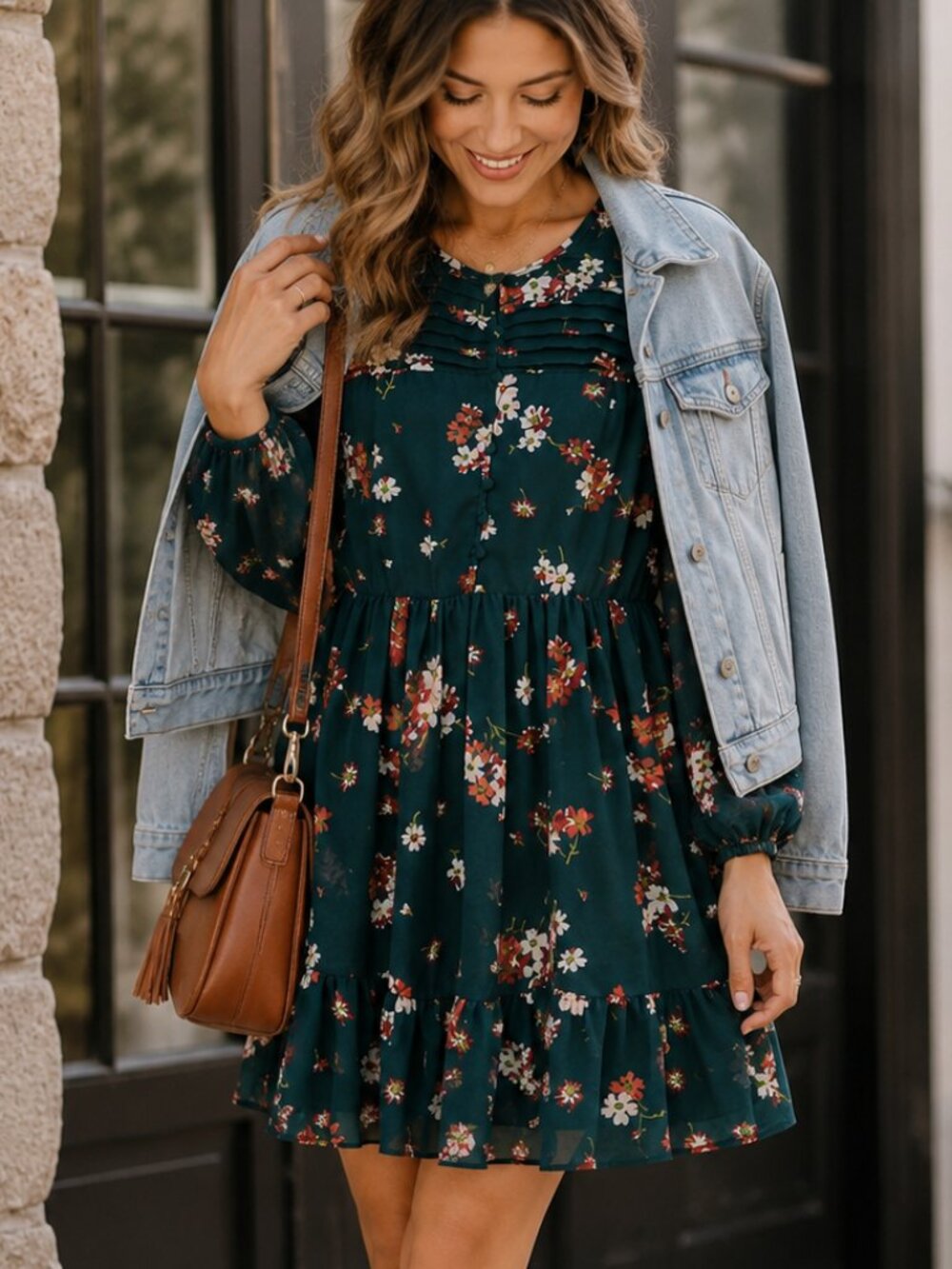 Madewell Floral Mini Dress Pintuck Sheer Sleeve Boho Green Small